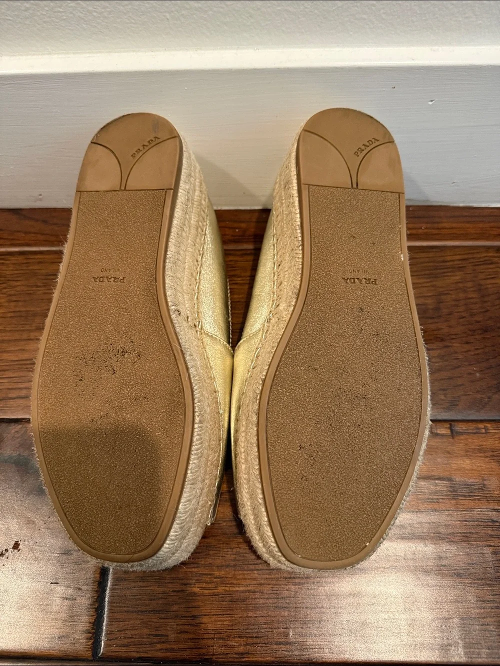 Prada Gold Leather Espadrille Platform Slides EU Size 37